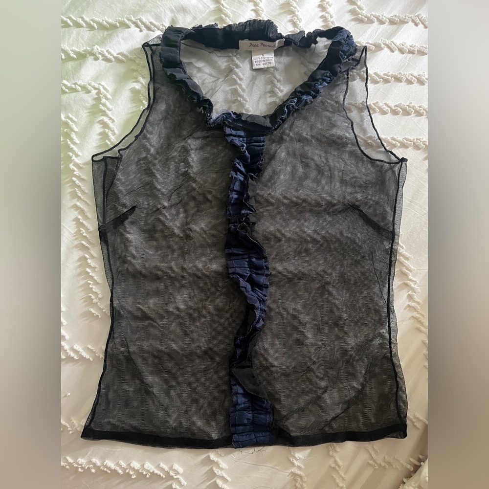 Free People Sheer Black and Blue Ruffle Top Size S